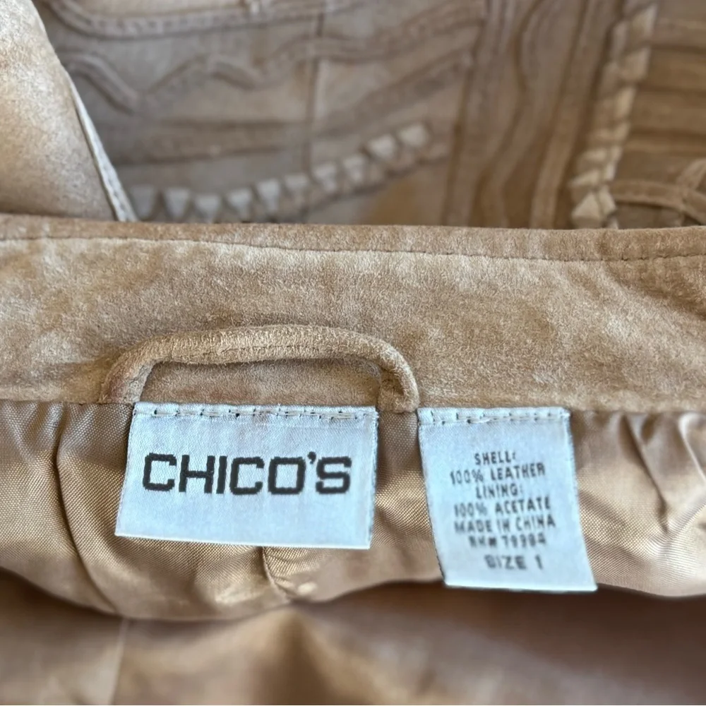 Chico’s Tan Brown Leather Suede Boho Festival Embroidered Zip Up Jacket Women’s